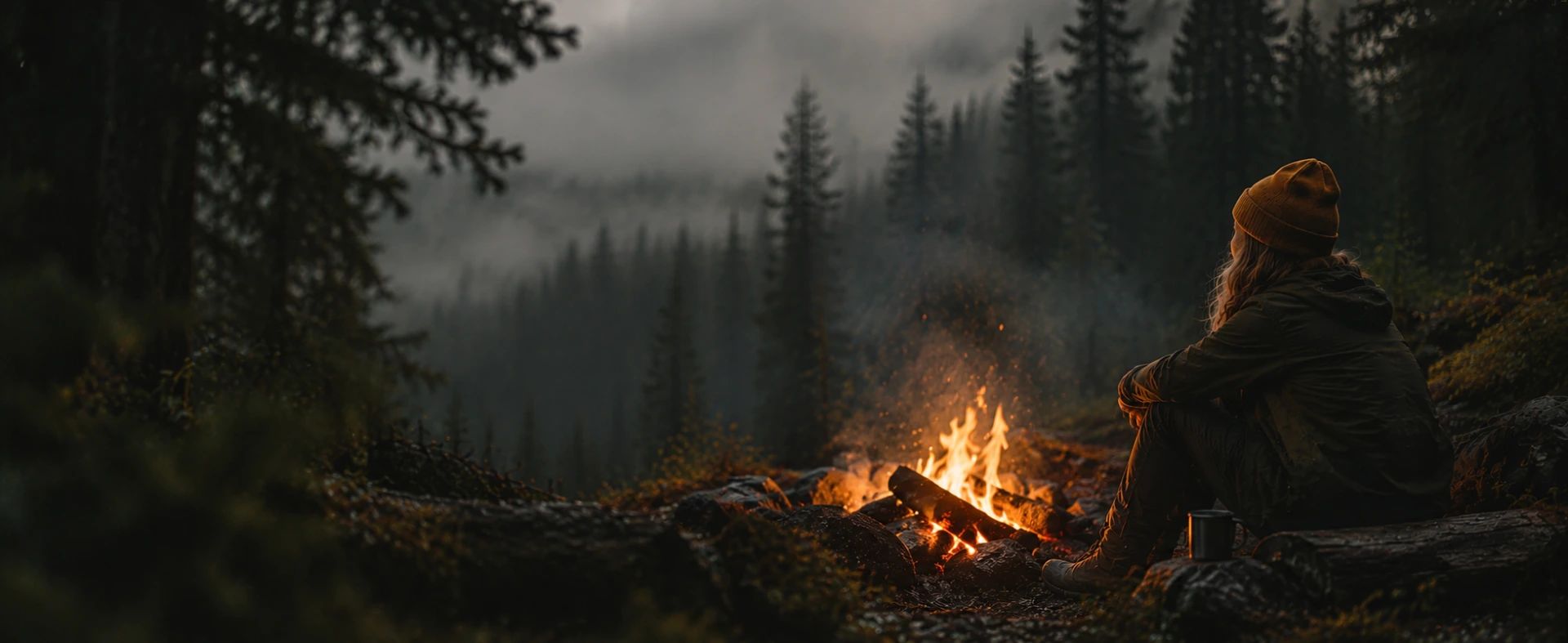A person sitting beside a campfire in the boreal forest